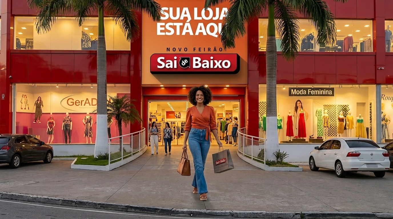 Entrada principal do Feirão Sai de Baixo com clientes chegando